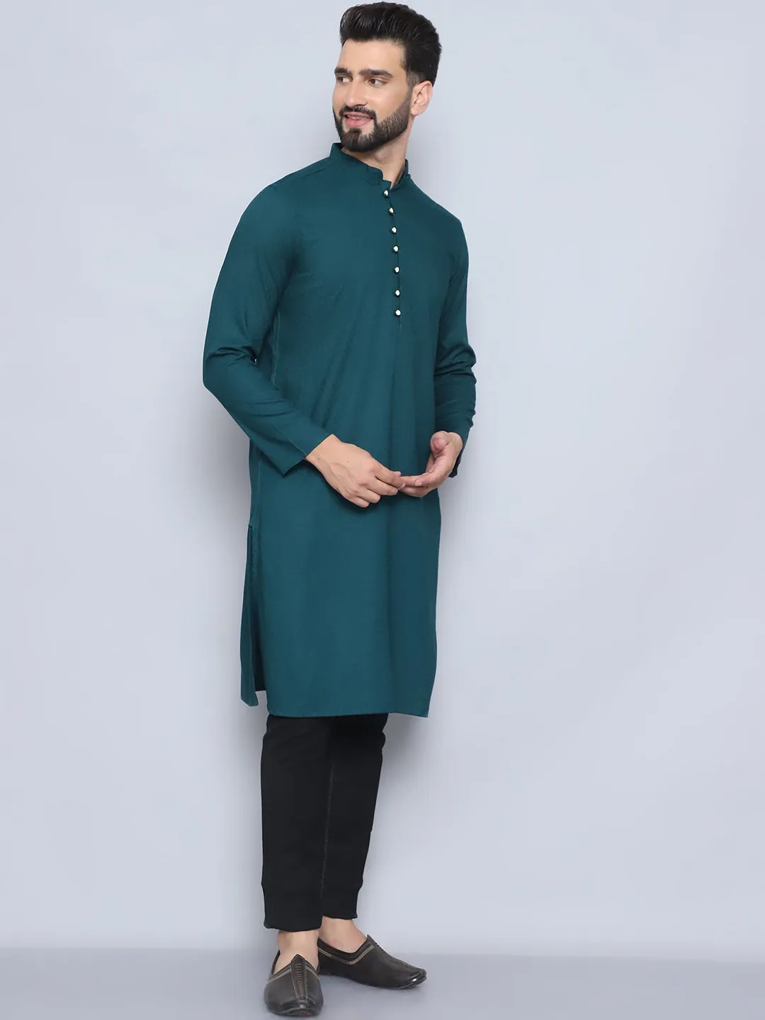 Men's Green Pure Rayon Loop Button Kurta - Even Apparels