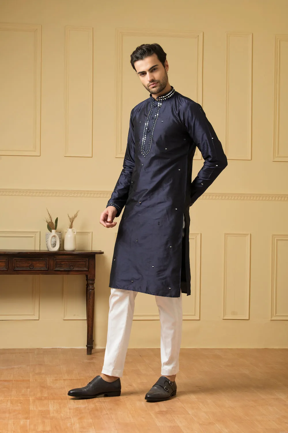 Men's Mid Night Blue Silk Mirror Kurta - Hilo Design