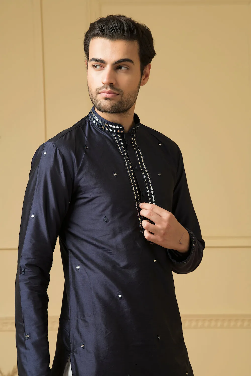 Men's Mid Night Blue Silk Mirror Kurta - Hilo Design