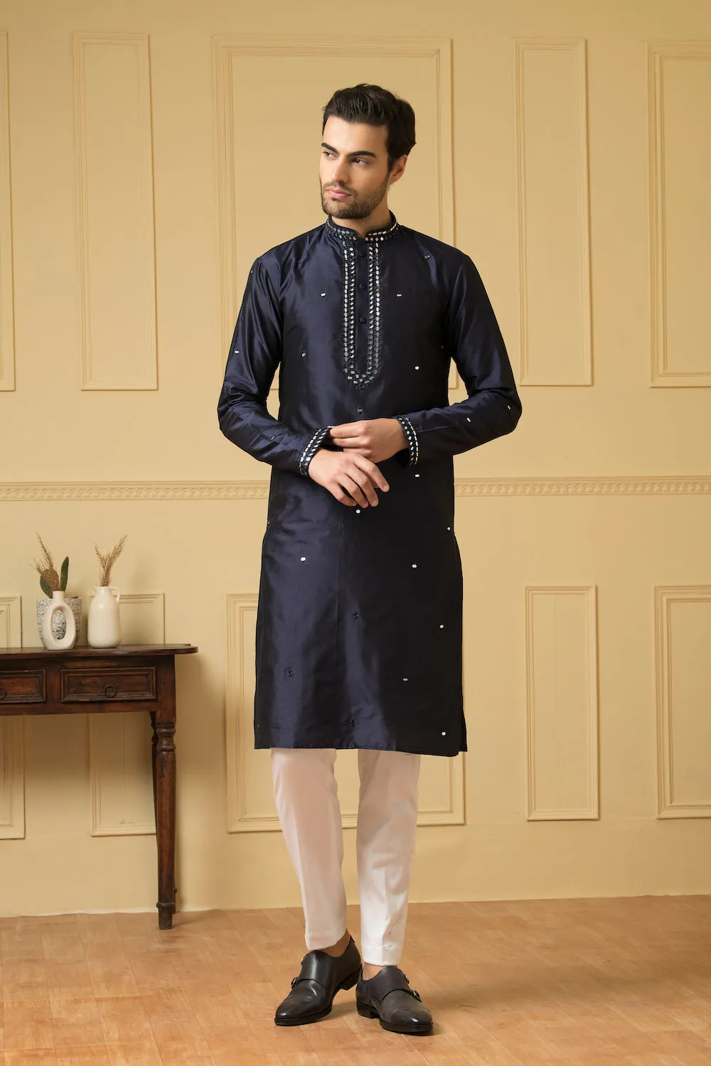 Men's Mid Night Blue Silk Mirror Kurta - Hilo Design