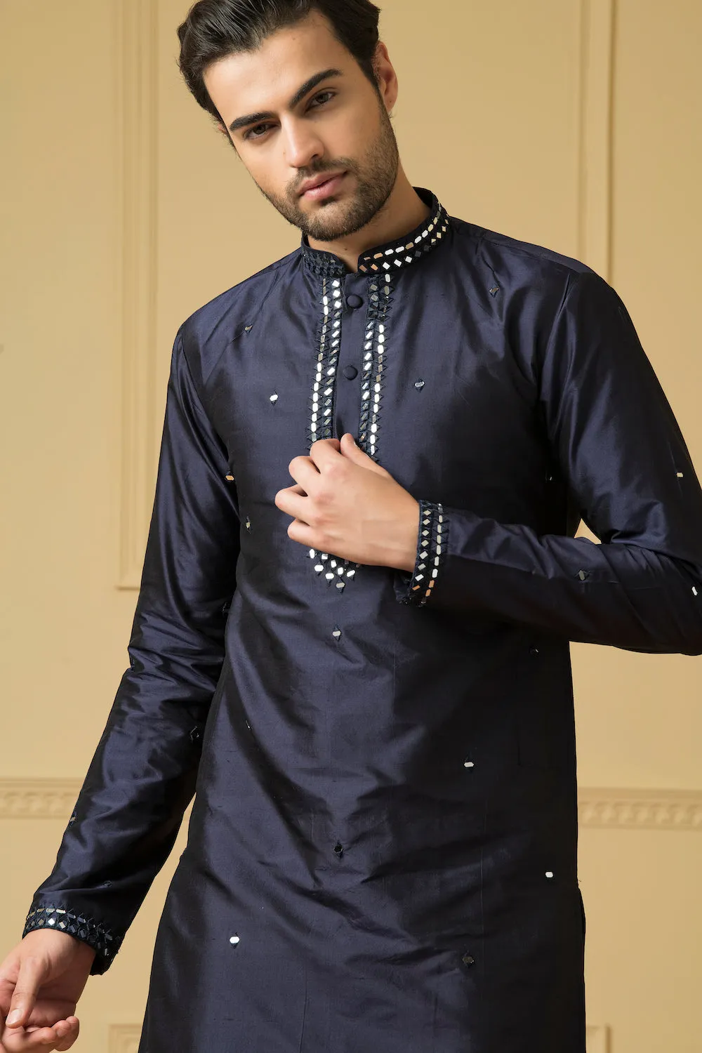 Men's Mid Night Blue Silk Mirror Kurta - Hilo Design