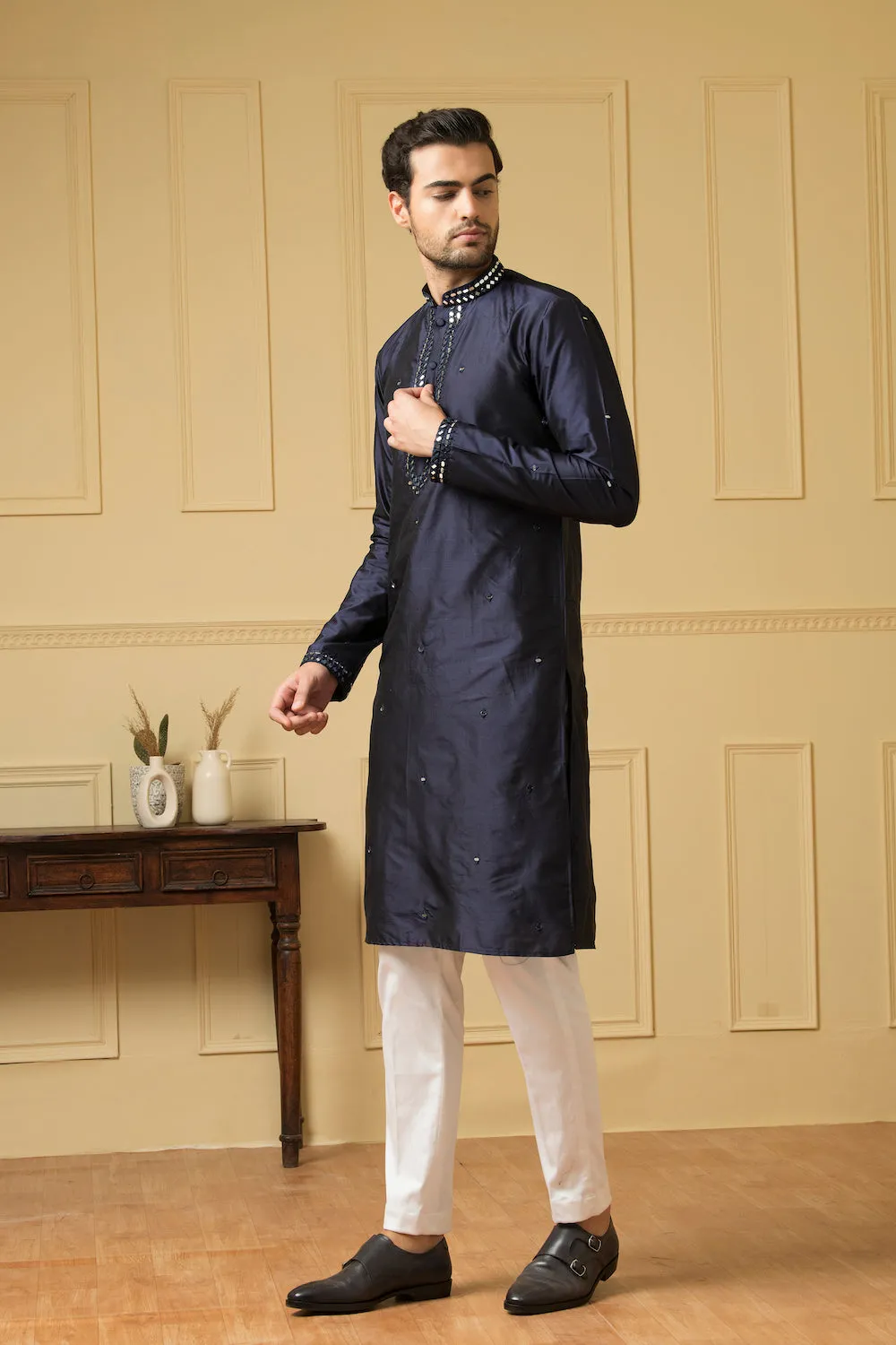 Men's Mid Night Blue Silk Mirror Kurta - Hilo Design