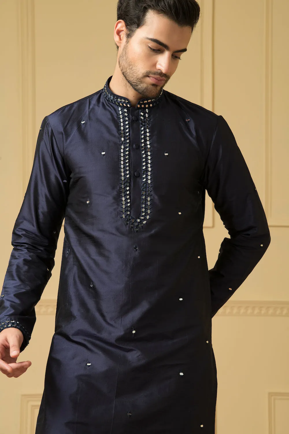 Men's Mid Night Blue Silk Mirror Kurta - Hilo Design