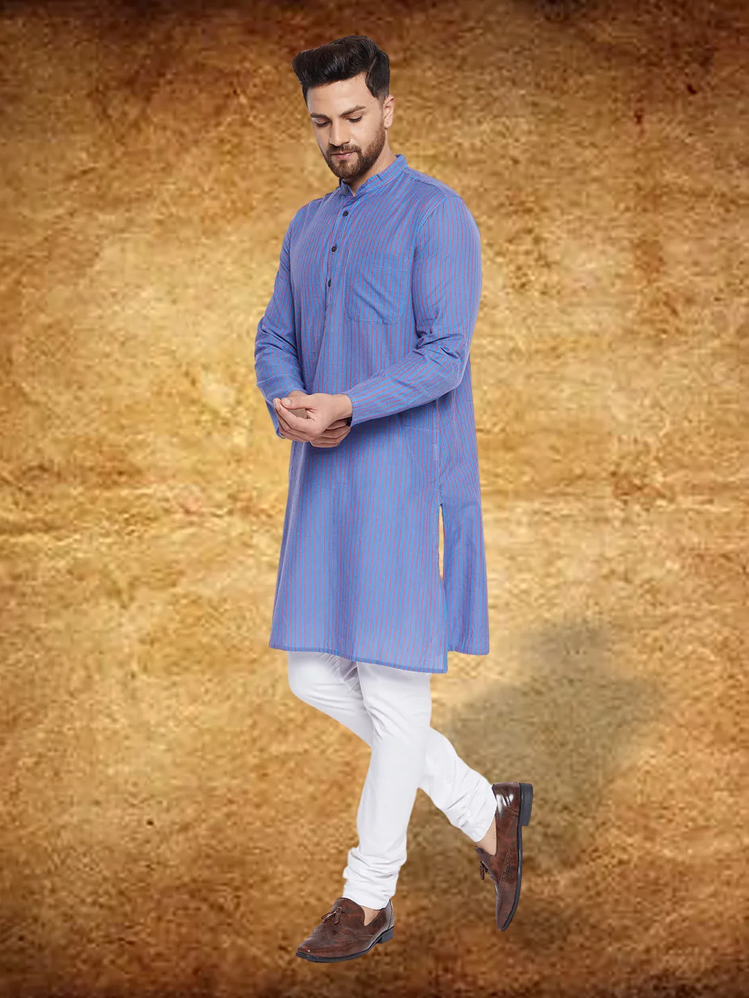 Men's Pure Cotton Blue Striped Kurta - Even Apparels