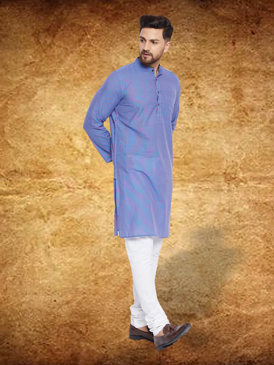 Men's Pure Cotton Blue Striped Kurta - Even Apparels