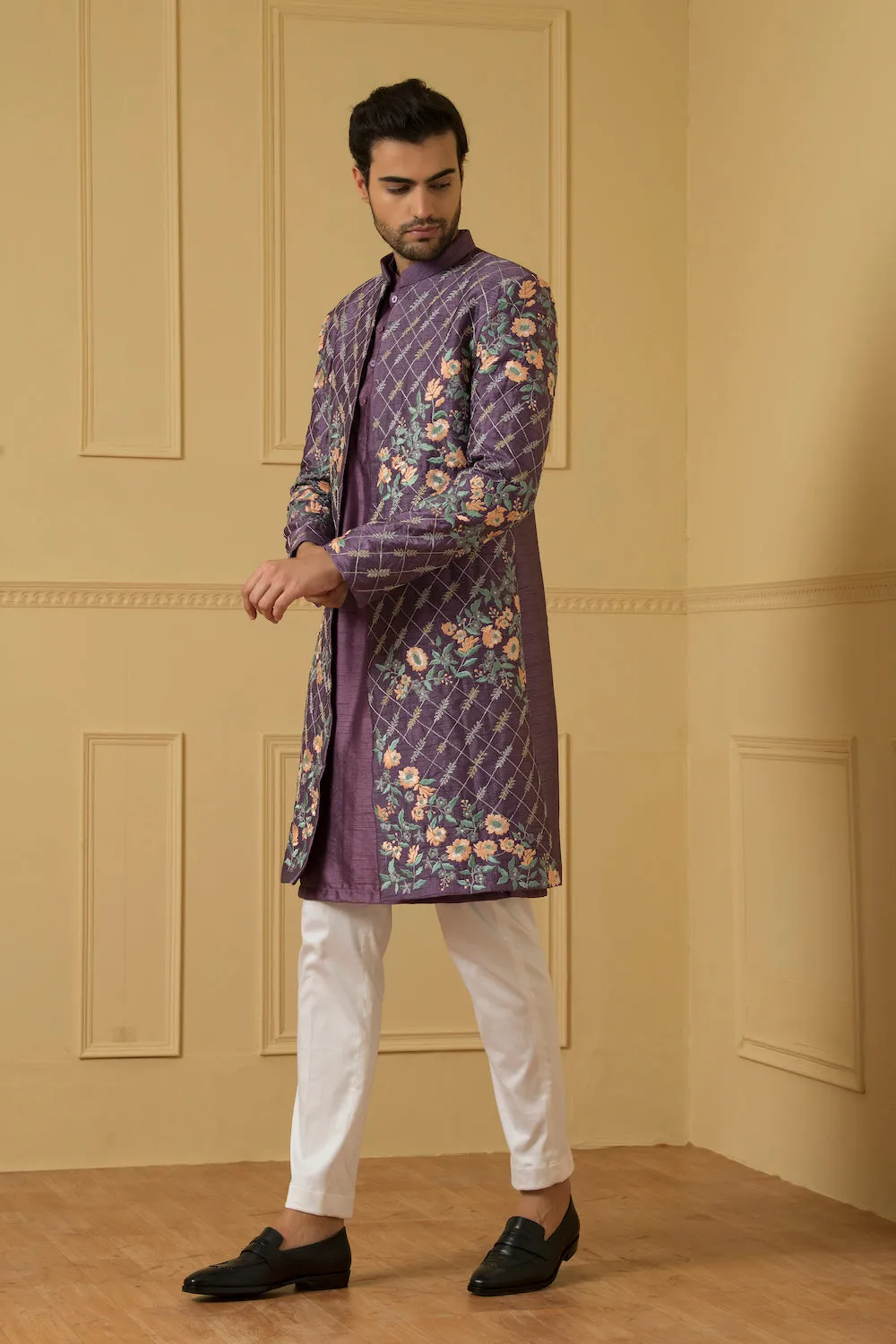 Men's Purple Embroidered Nehru Jacket Set - Hilo Design