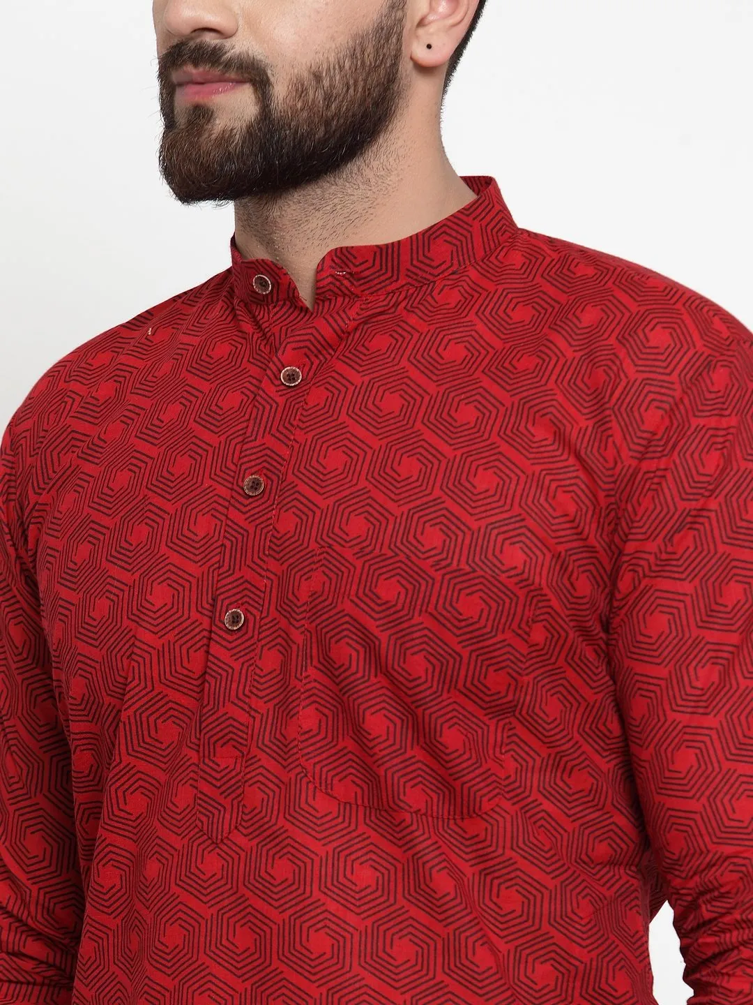 Men's Red Printed Kurta Only ( KO 604 Red ) - Virat Fashions