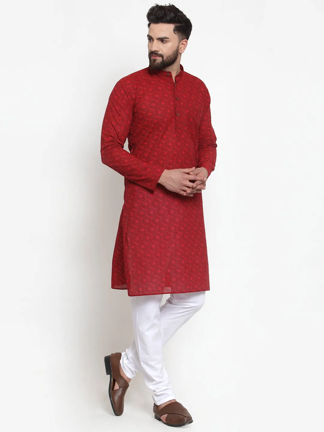 Men's Red Printed Kurta Only ( KO 604 Red ) - Virat Fashions