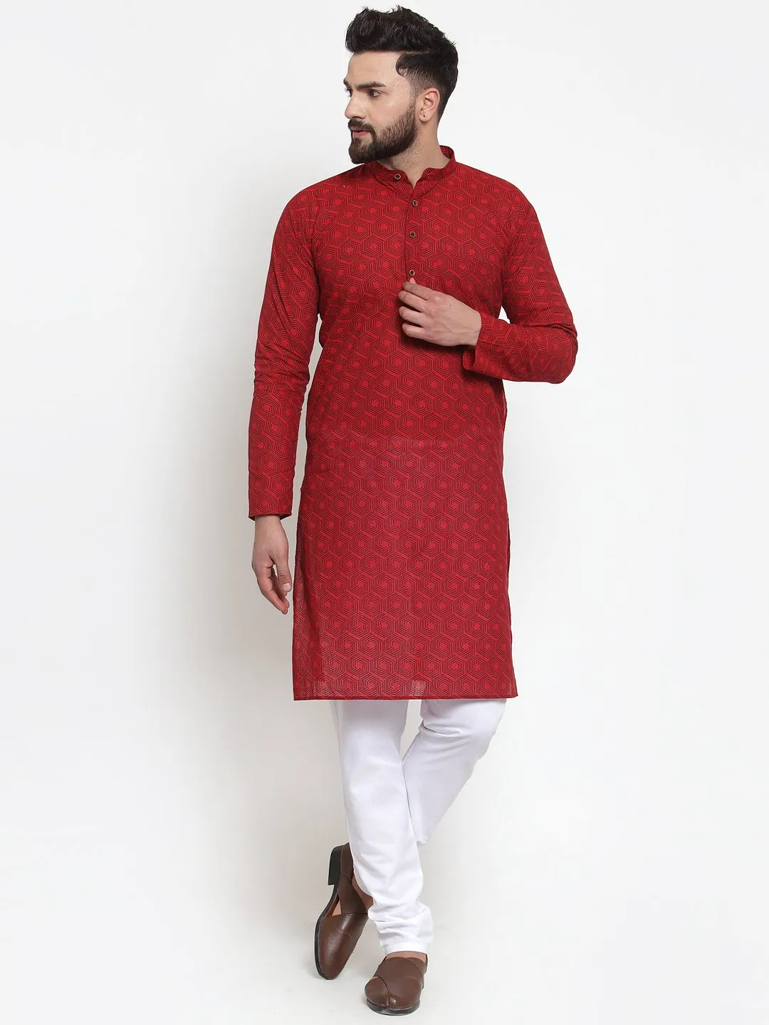 Men's Red Printed Kurta Only ( KO 604 Red ) - Virat Fashions