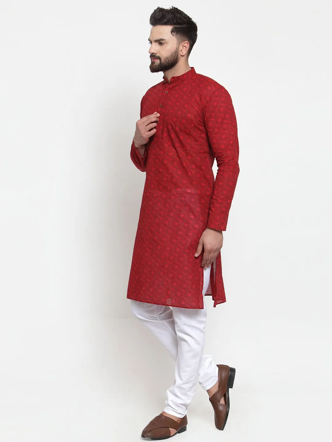 Men's Red Printed Kurta Only ( KO 604 Red ) - Virat Fashions