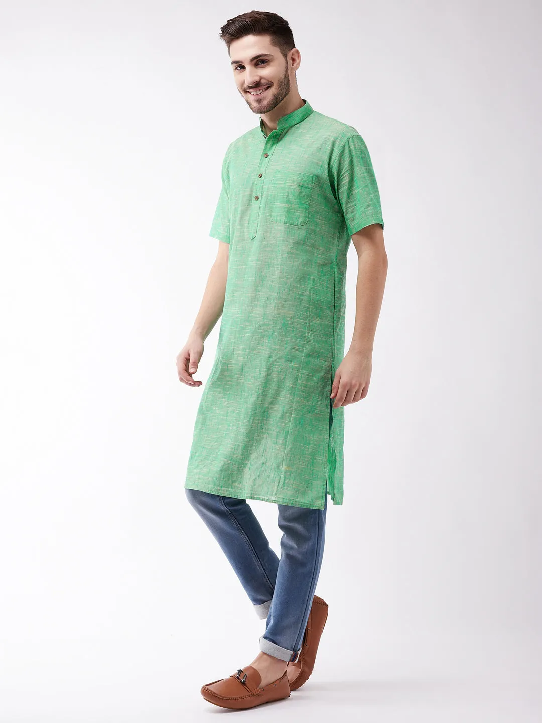 Men's Solid Parrot Green Pure Cotton Kurta - Vastramay