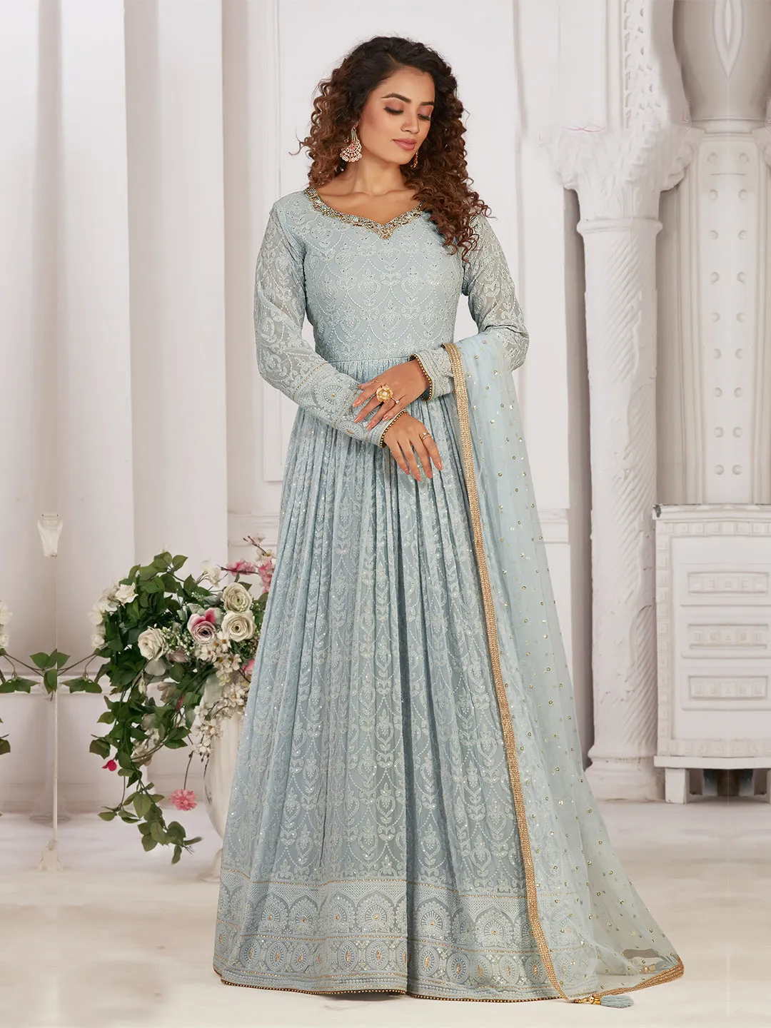 Mesmerising Steel Blue Floor Length Georgette Gown