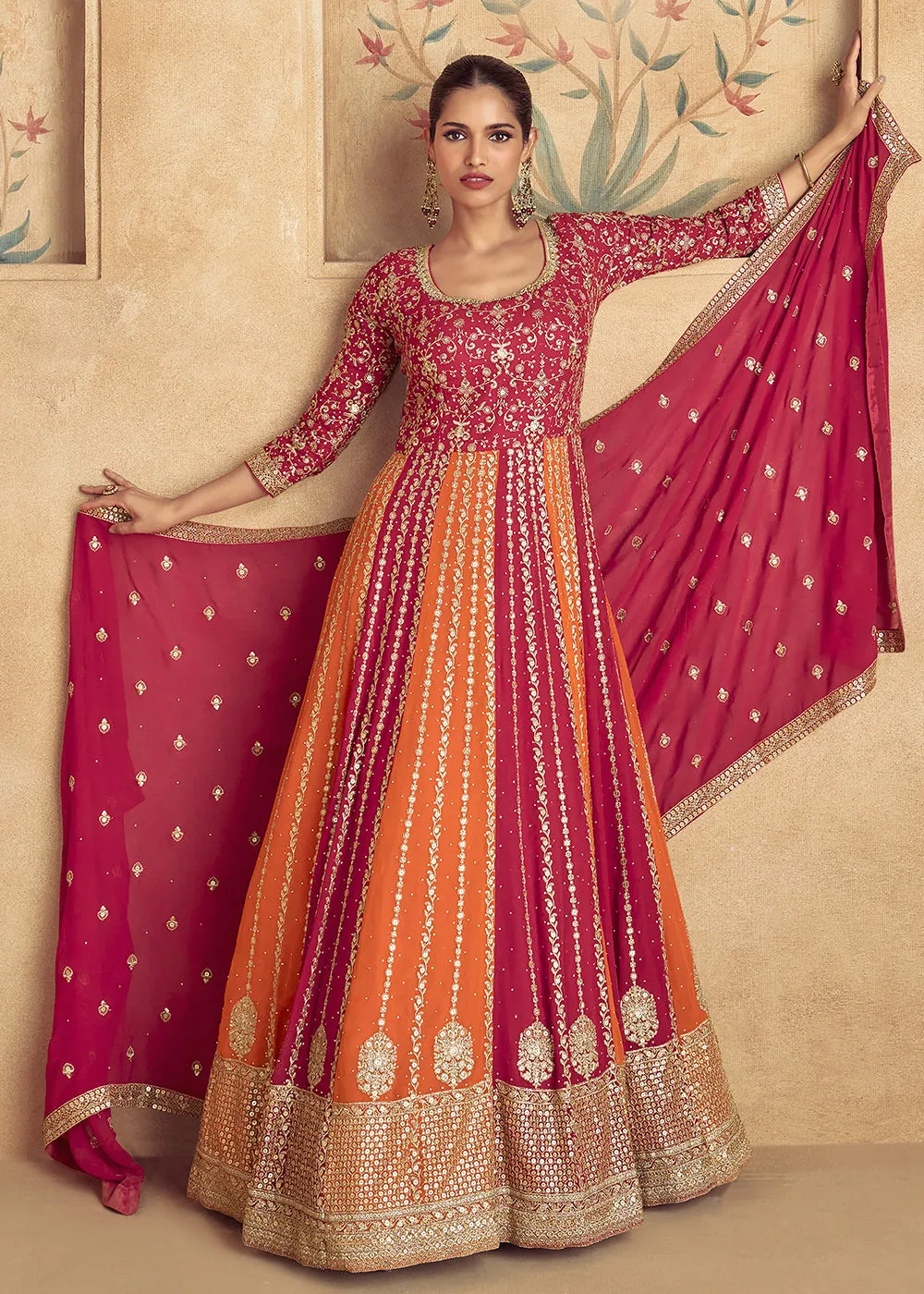 Multi Red Traditional Embroidered Festive Anarkali Gown