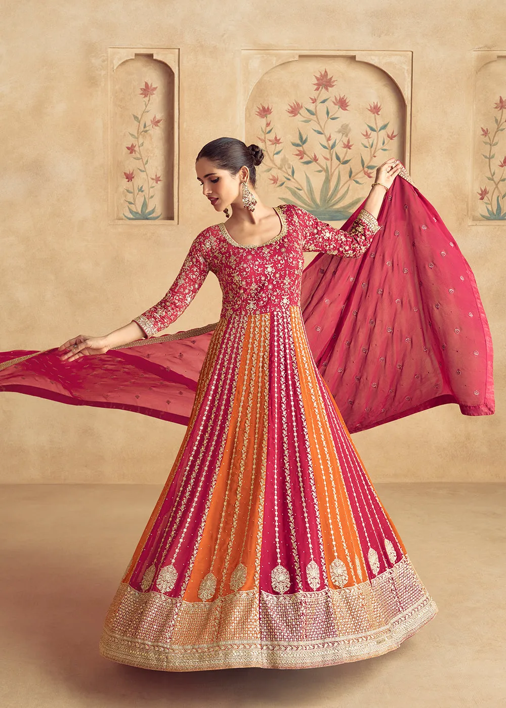 Multi Red Traditional Embroidered Festive Anarkali Gown