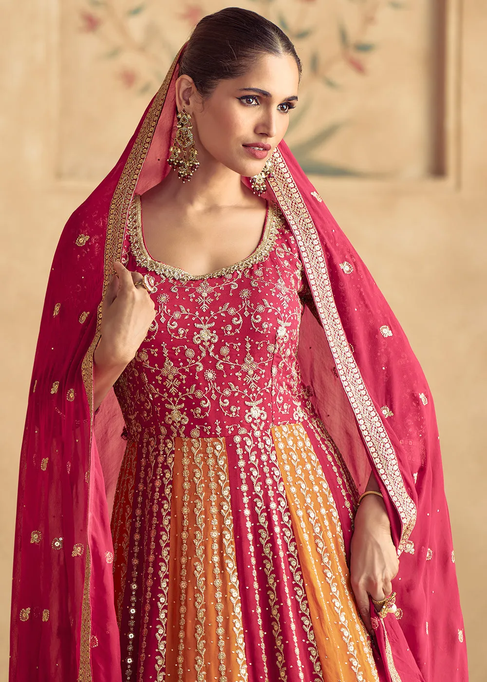 Multi Red Traditional Embroidered Festive Anarkali Gown