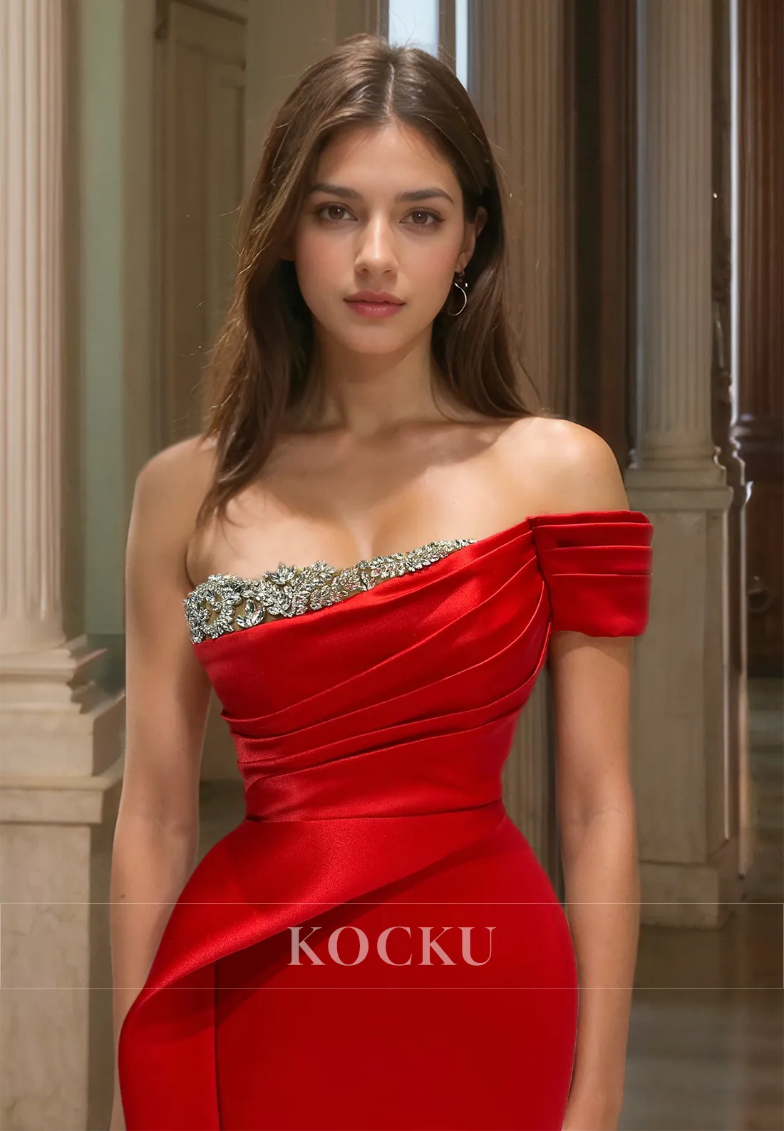 One Shoulder Sleeveless Sheath Train Ruched Satin Prom Dress Formal Gown with Beaded