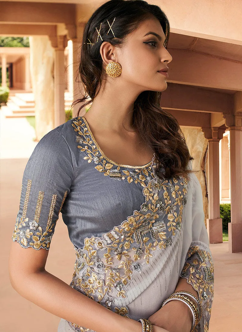 Pale Grey Two Tone Embroidered Indian Silk Saree