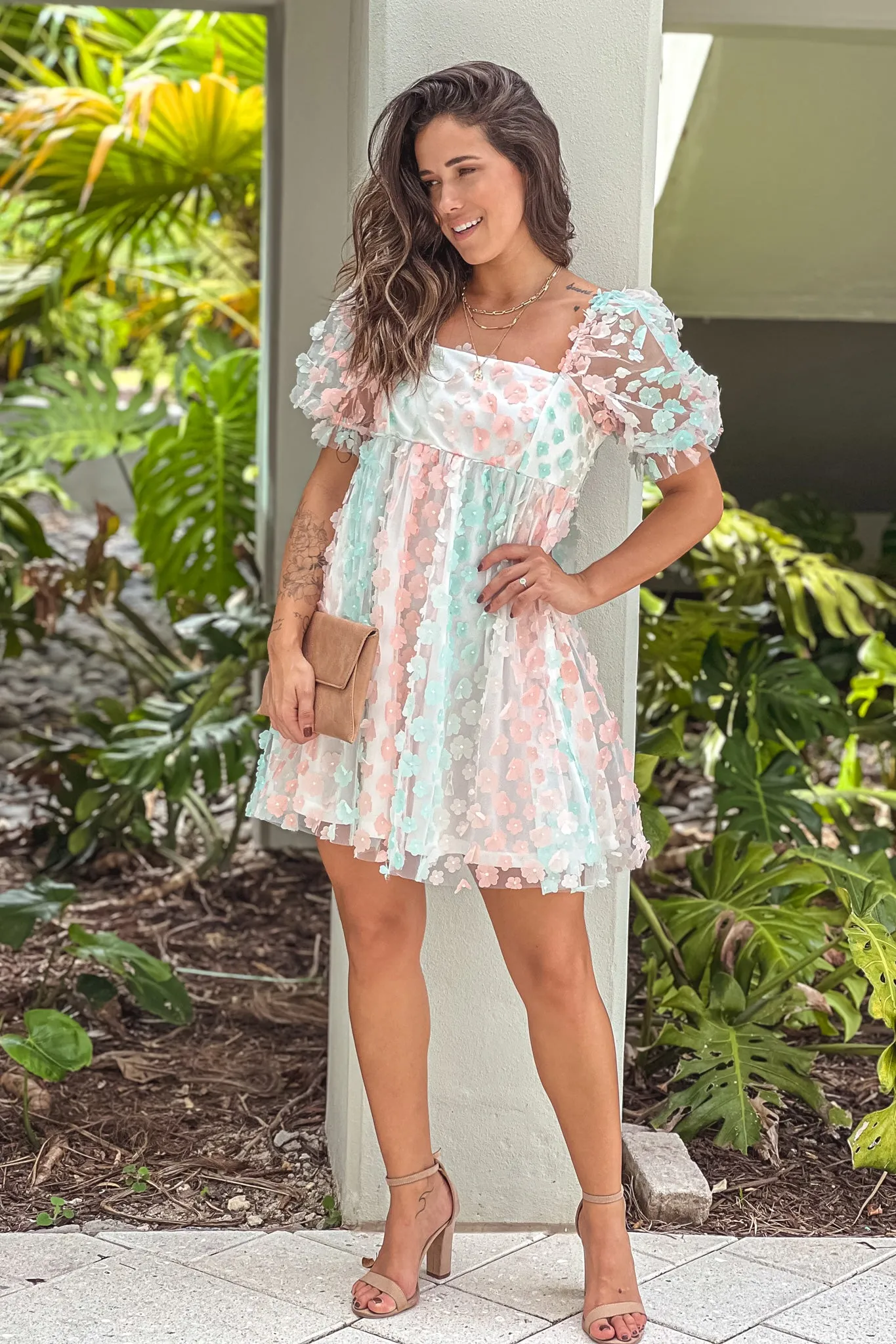 Peach And Mint Flower Embellished Babydoll Dress With Pockets