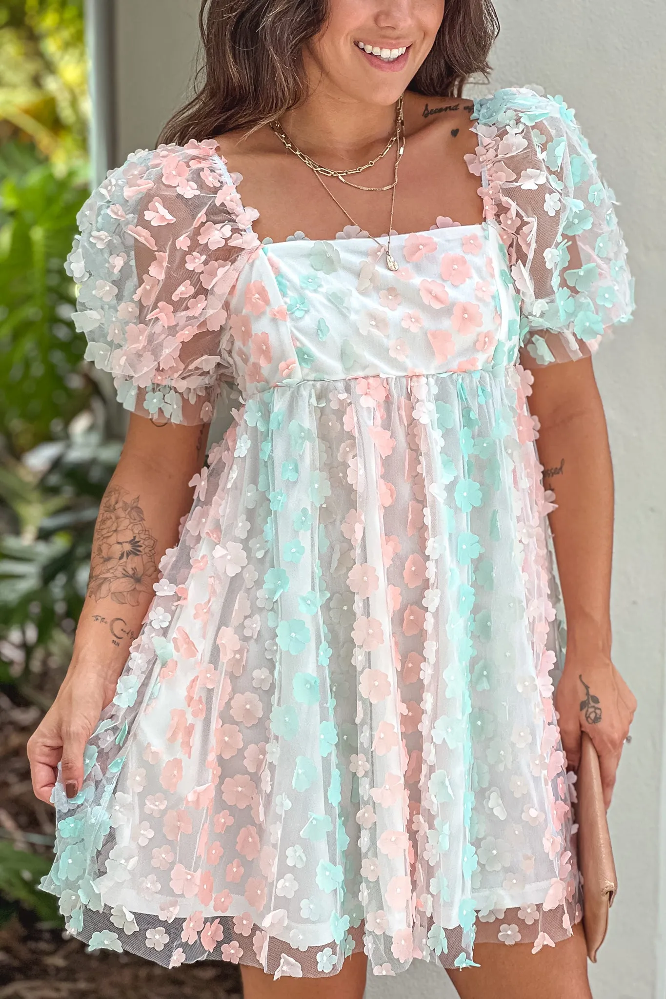 Peach And Mint Flower Embellished Babydoll Dress With Pockets