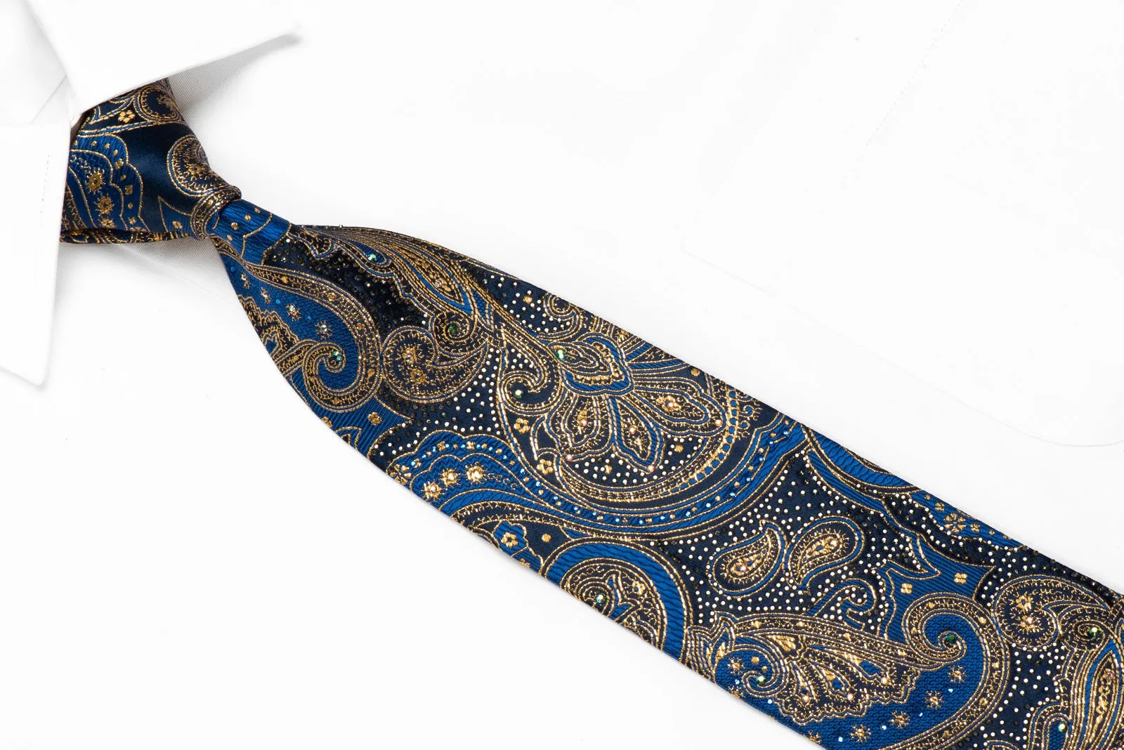 Pierre Cardin Men's Crystal Silk Tie Gold Blue Anthemion Paisley With Gold Sparkles