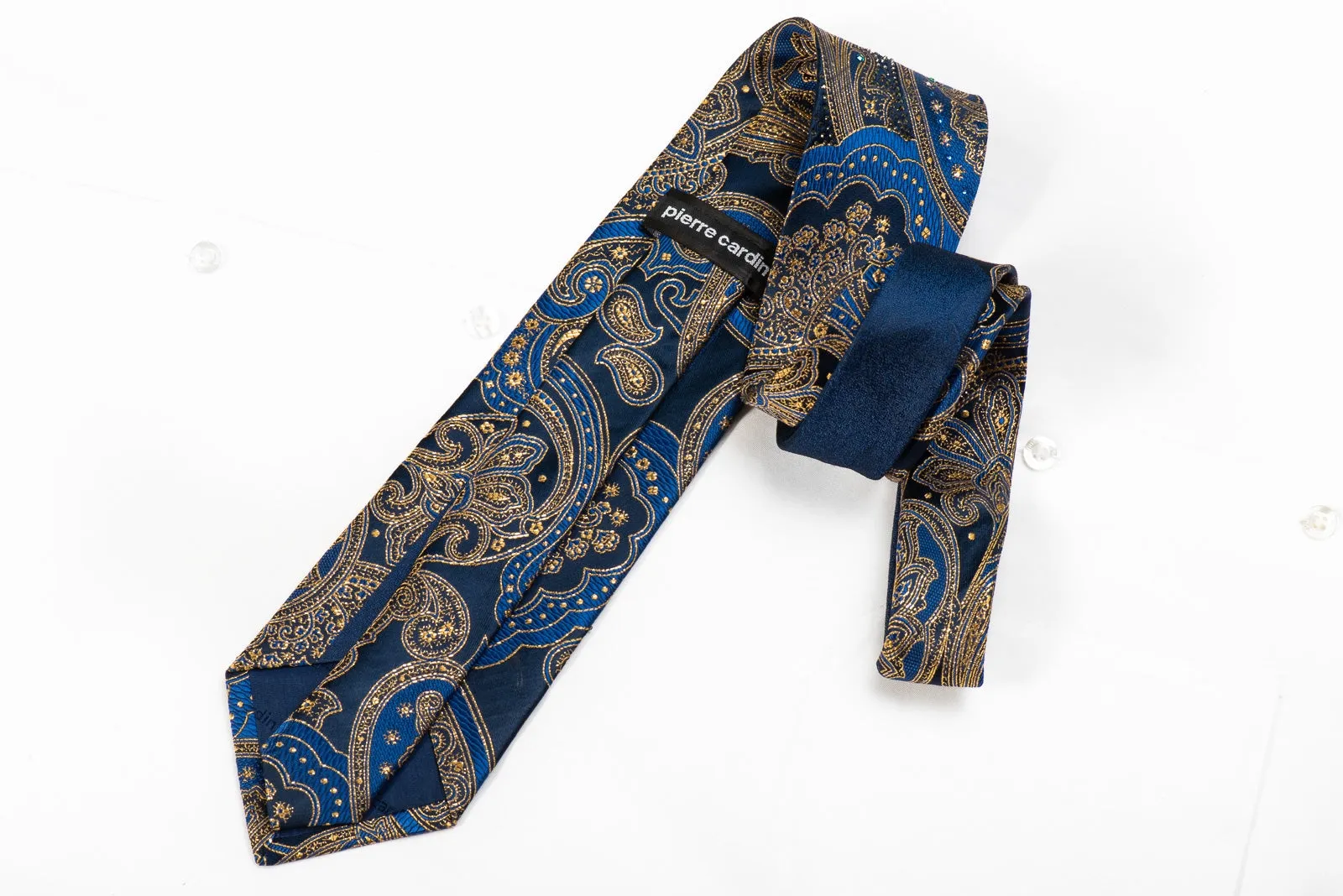 Pierre Cardin Men's Crystal Silk Tie Gold Blue Anthemion Paisley With Gold Sparkles