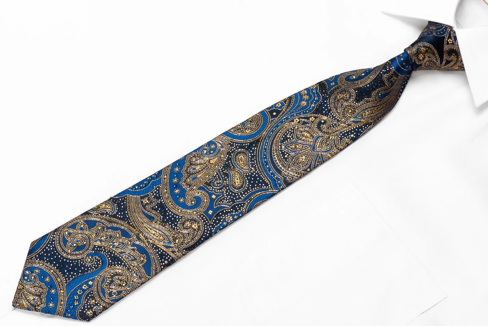 Pierre Cardin Men's Crystal Silk Tie Gold Blue Anthemion Paisley With Gold Sparkles