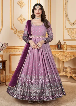 Pink Metalic Foil Work Embroidered Wedding Festive Anarkali Gown