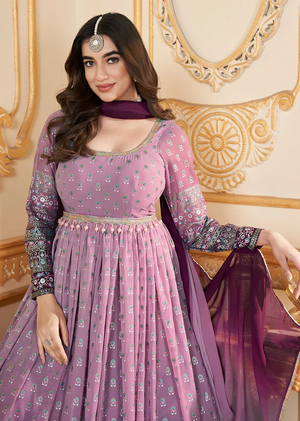 Pink Metalic Foil Work Embroidered Wedding Festive Anarkali Gown