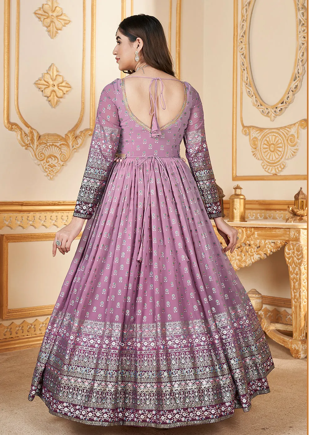 Pink Metalic Foil Work Embroidered Wedding Festive Anarkali Gown