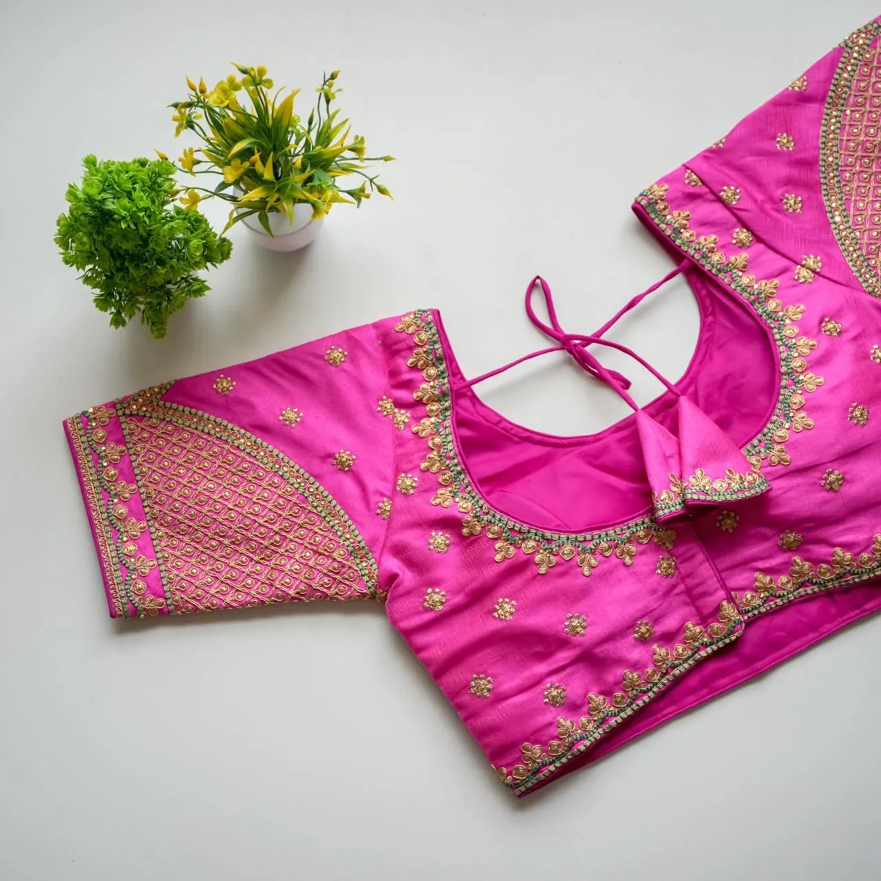 Pink Mulmul Silk Blouse with Golden Embroidery and Sequins