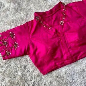 Pink Pista Silk Blouse with Handwork and Designer Handcrafted Collar