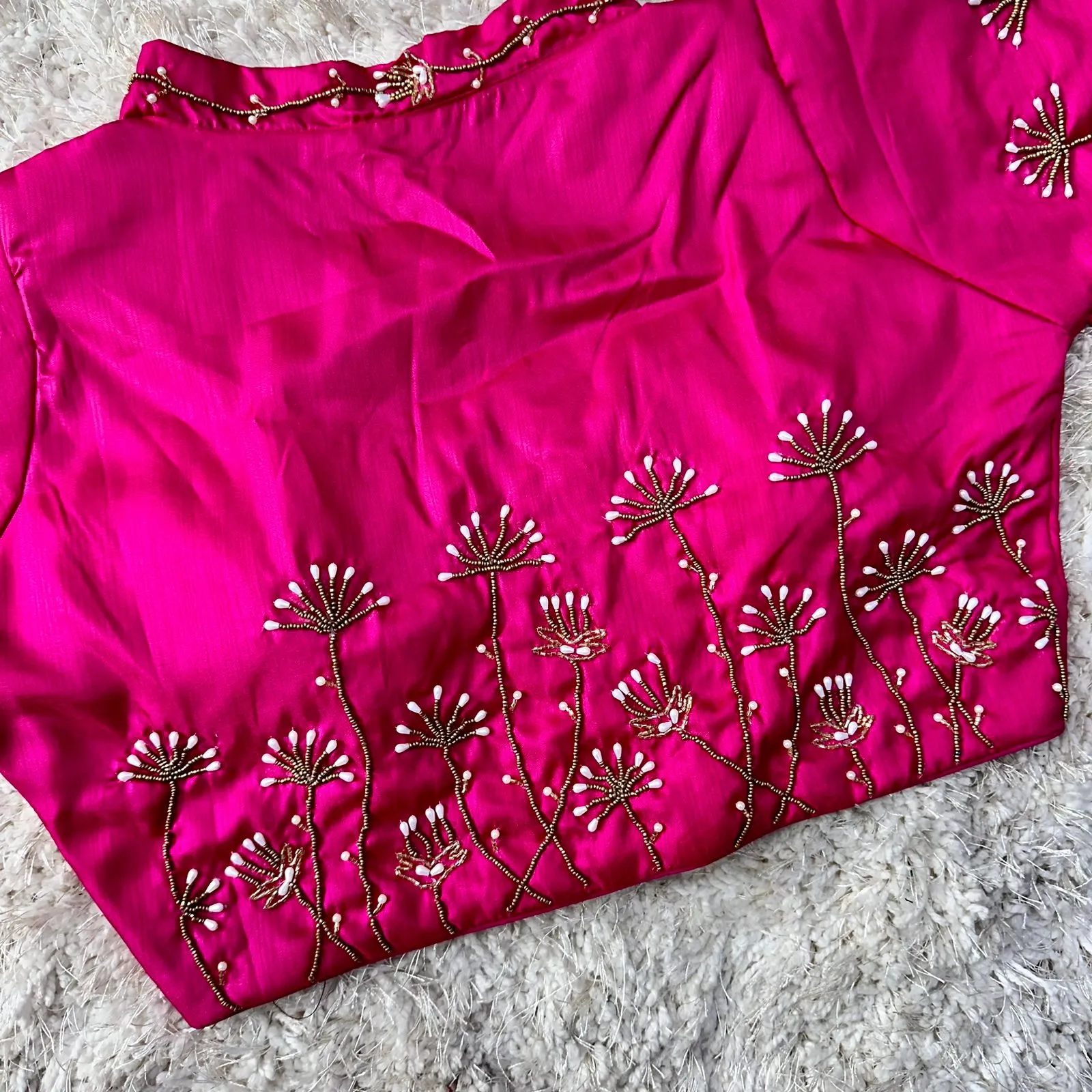 Pink Pista Silk Blouse with Handwork and Designer Handcrafted Collar