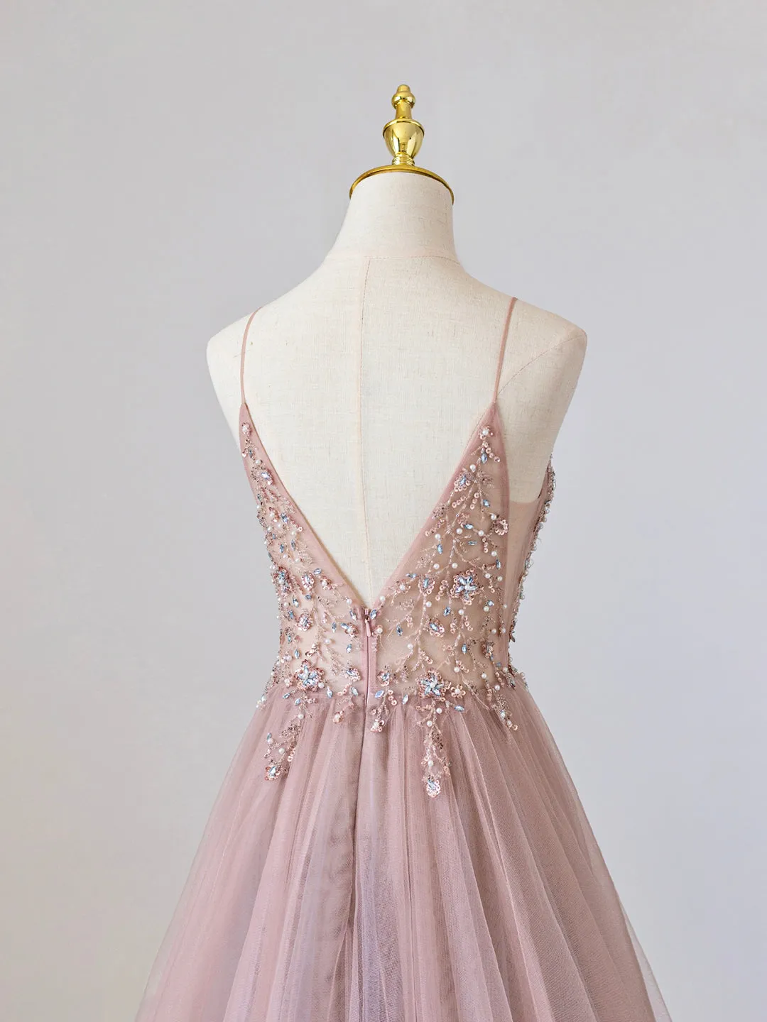 Pink V-Neck Tulle Long Prom Dress with Beaded Pink Spaghetti Strap Evening Dress