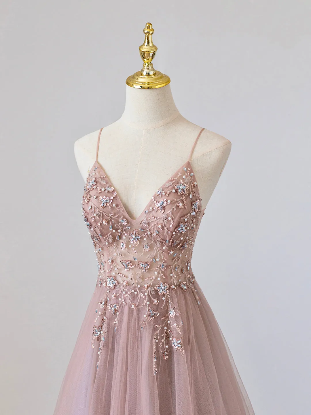 Pink V-Neck Tulle Long Prom Dress with Beaded Pink Spaghetti Strap Evening Dress