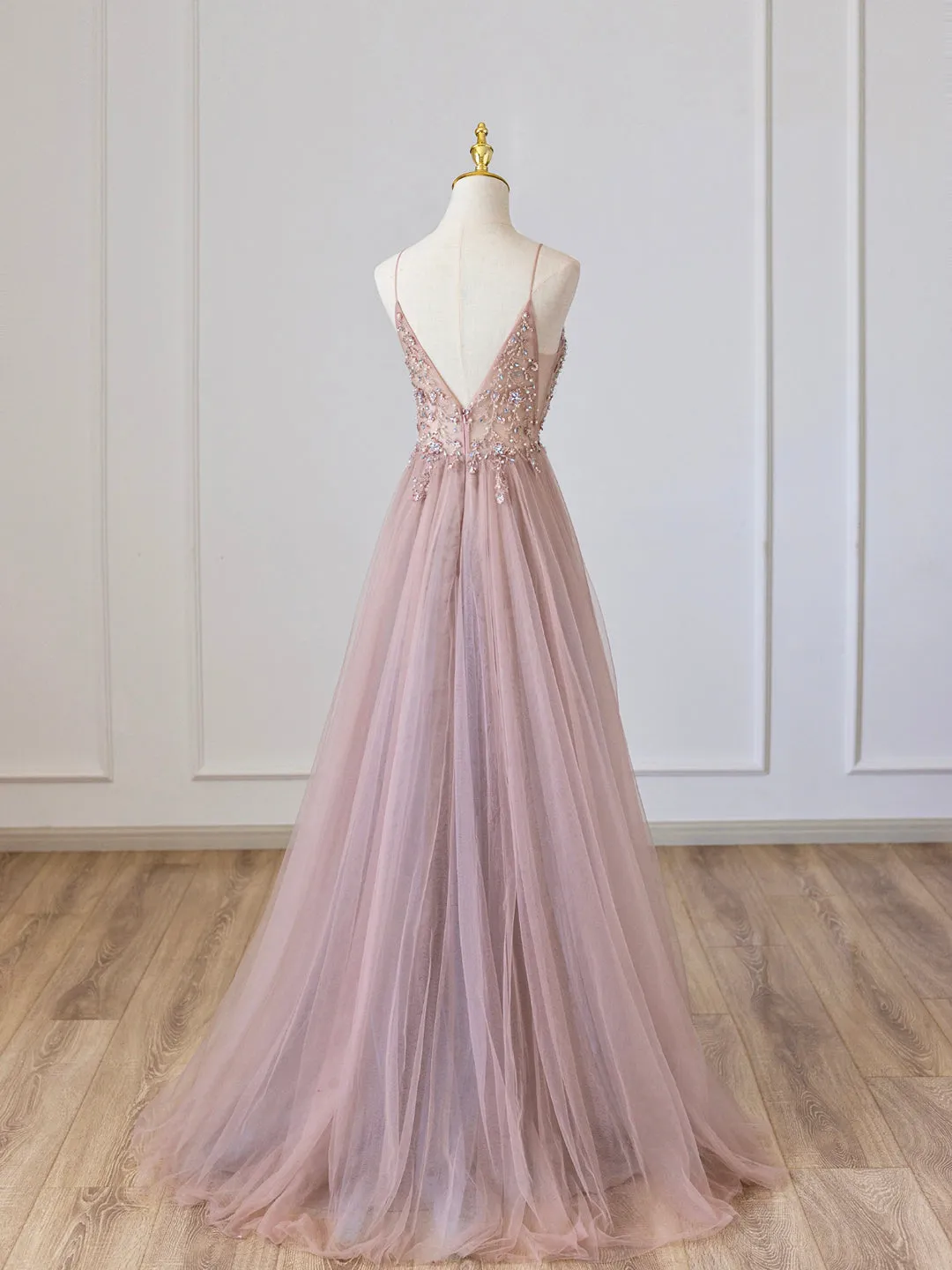 Pink V-Neck Tulle Long Prom Dress with Beaded Pink Spaghetti Strap Evening Dress