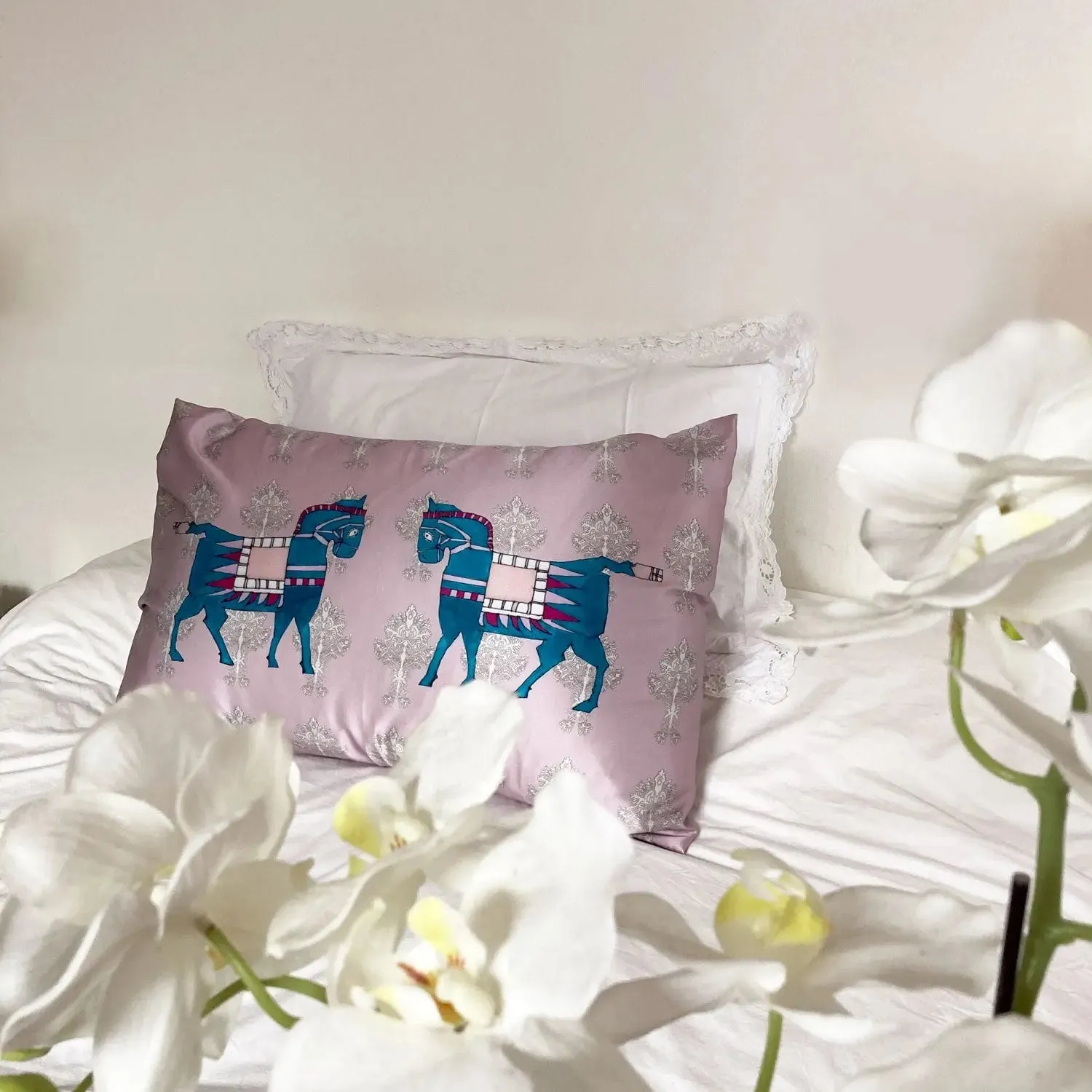 Pink With Horse Design Silk Pillowcase