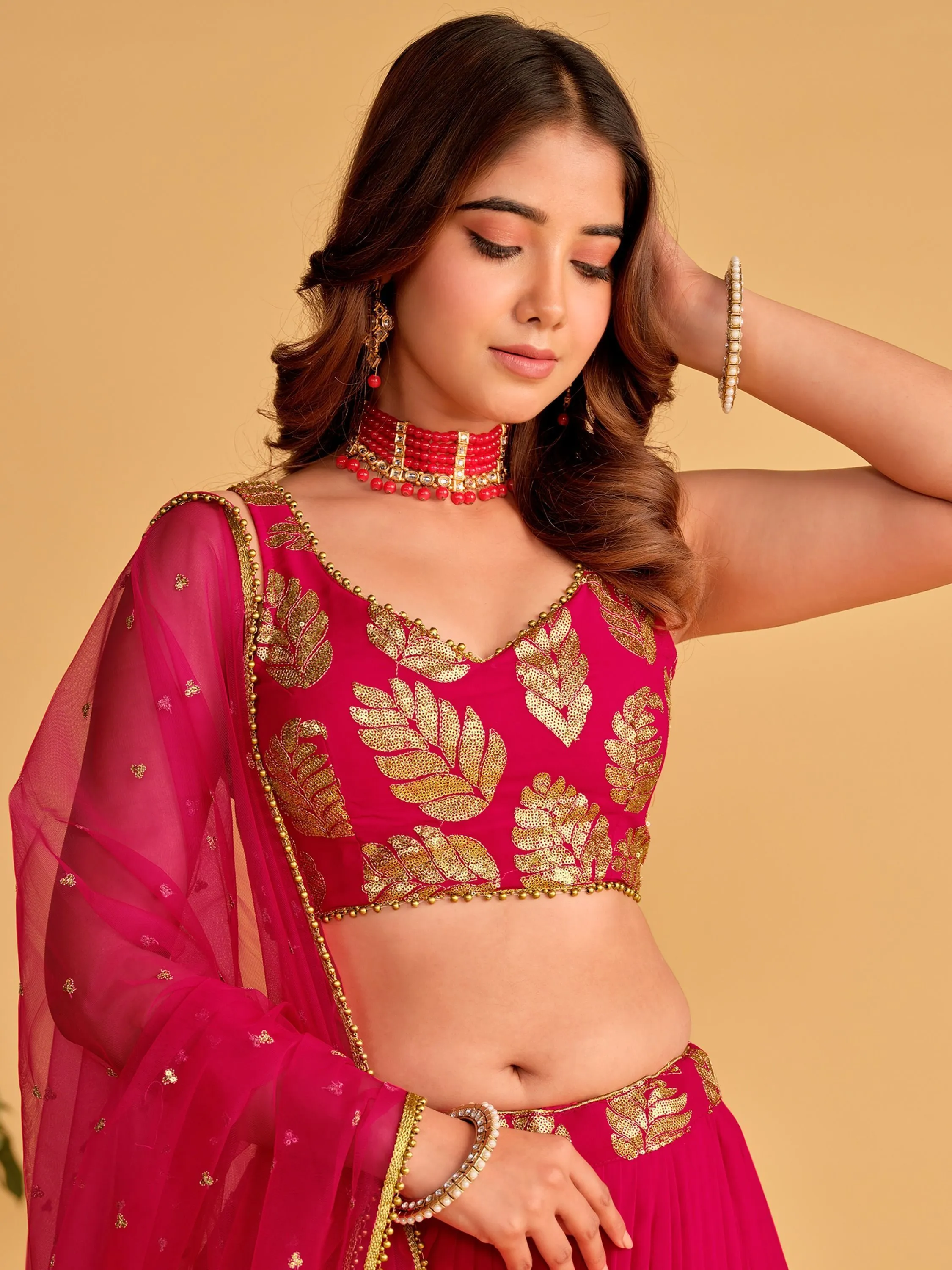 Pink Zari Embroidered Georgette Lehenga Choli for Special Occasions