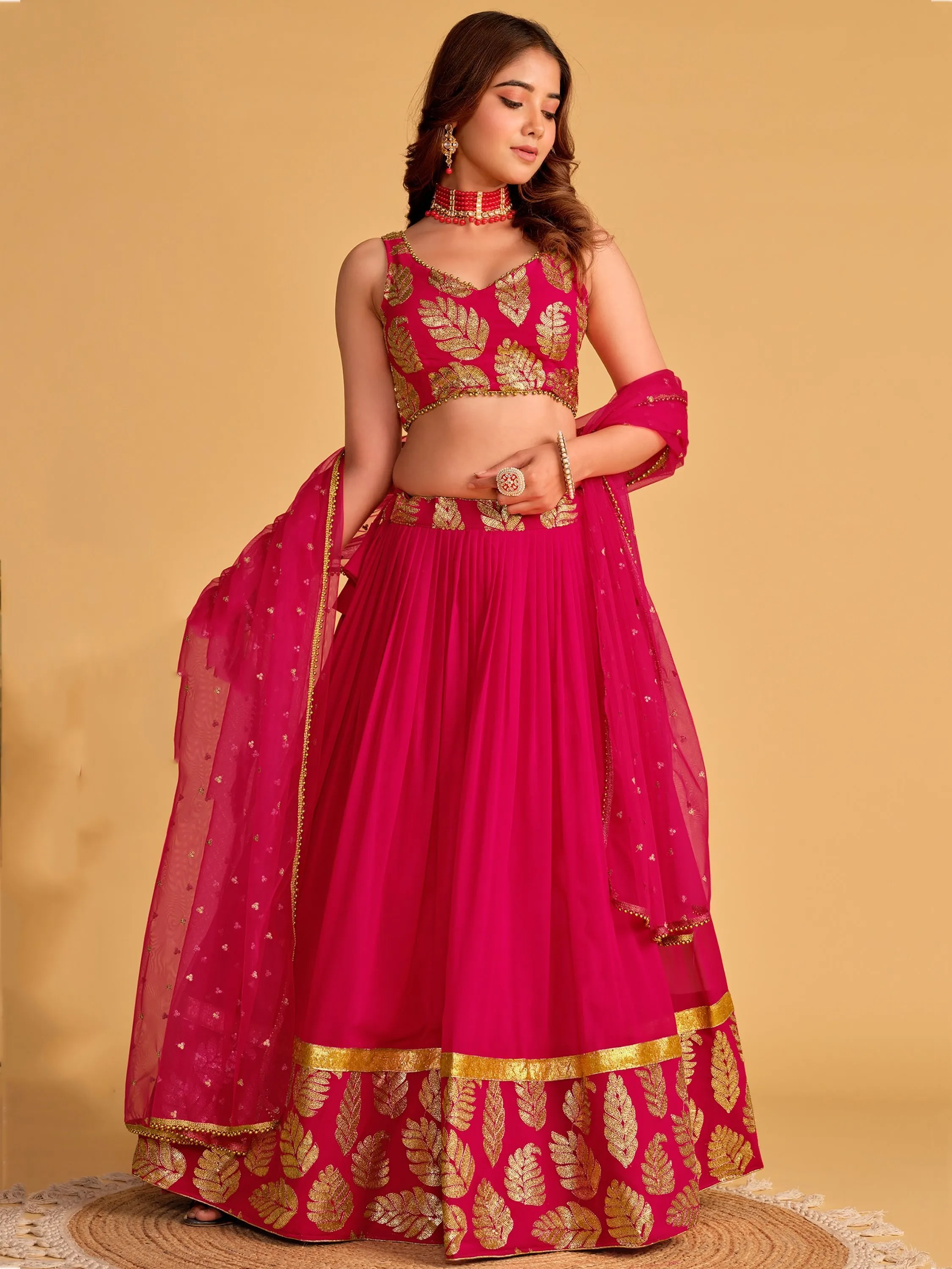 Pink Zari Embroidered Georgette Lehenga Choli for Special Occasions