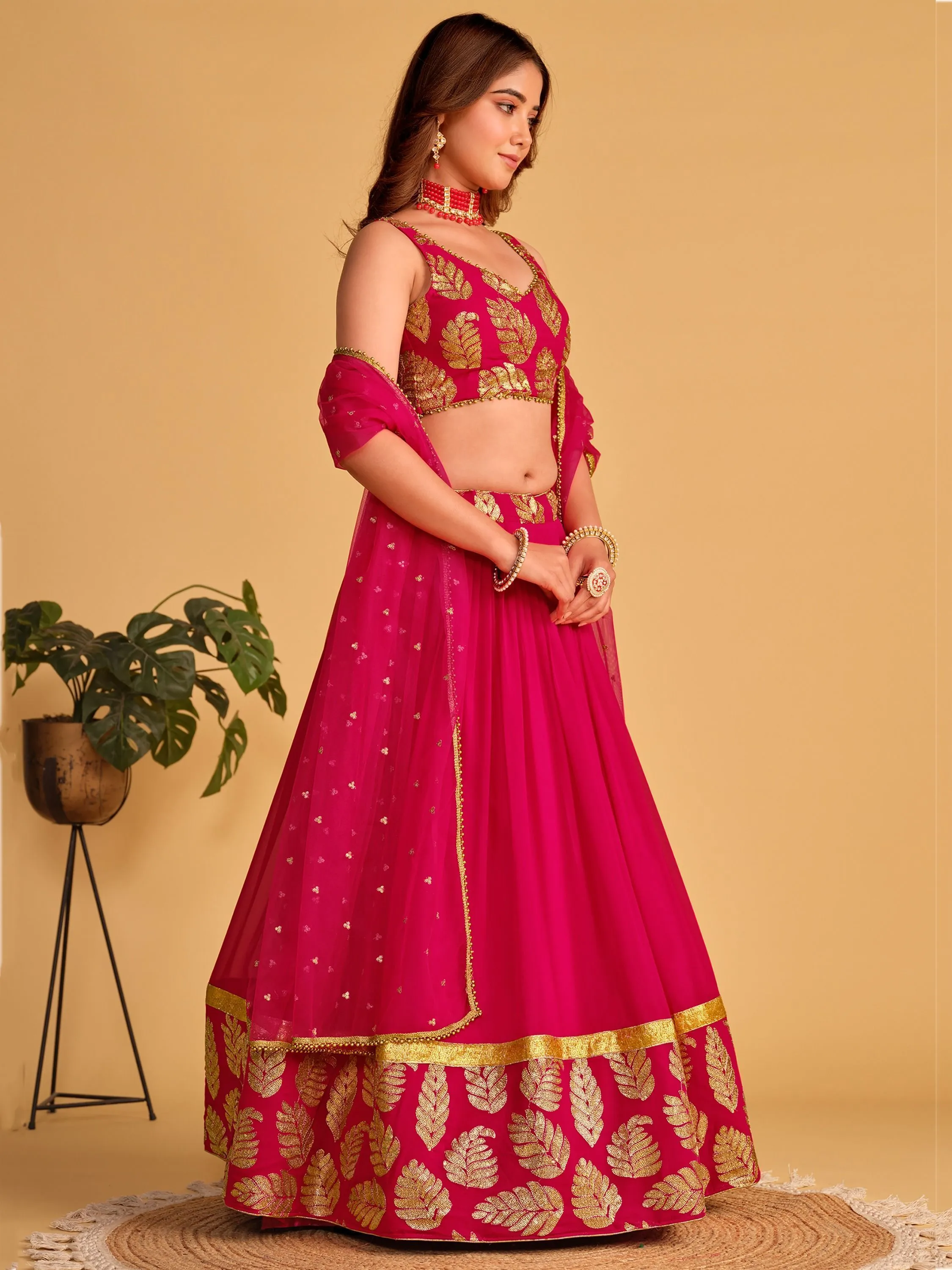 Pink Zari Embroidered Georgette Lehenga Choli for Special Occasions