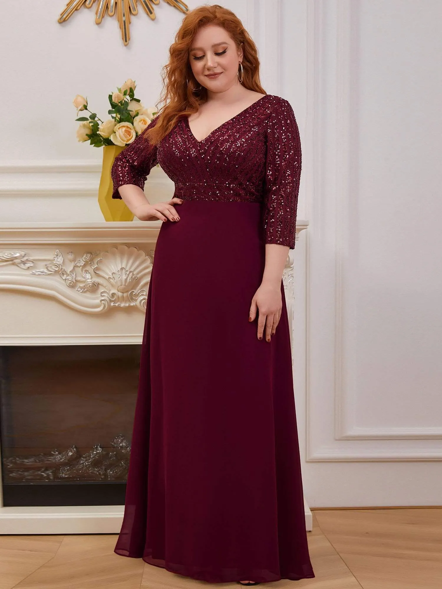 Plus Size V Neck A-Line Sequin Evening Dress with Sleeve