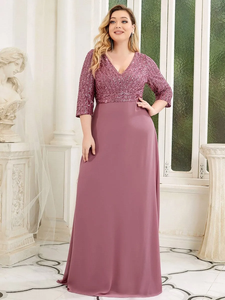 Plus Size V Neck A-Line Sequin Evening Dress with Sleeve