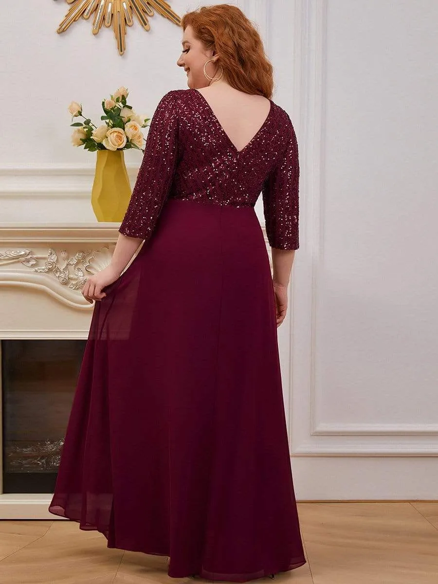 Plus Size V Neck A-Line Sequin Evening Dress with Sleeve