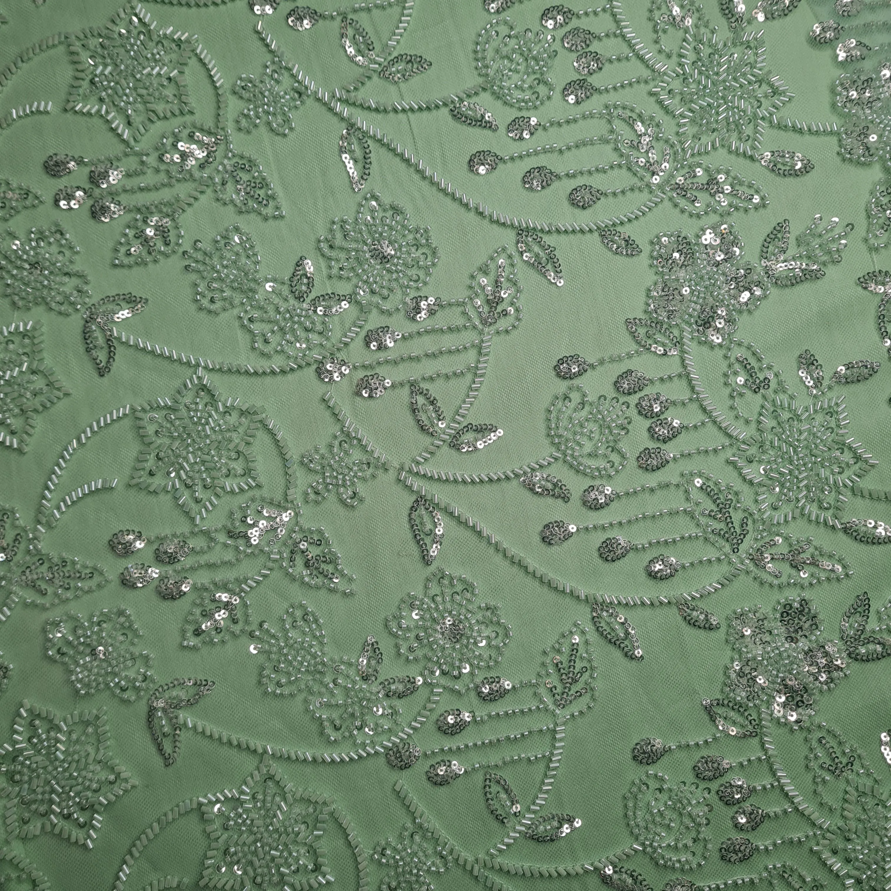 Premium Net Mint Green Floral CutDana Sequins Embroidery Fabric