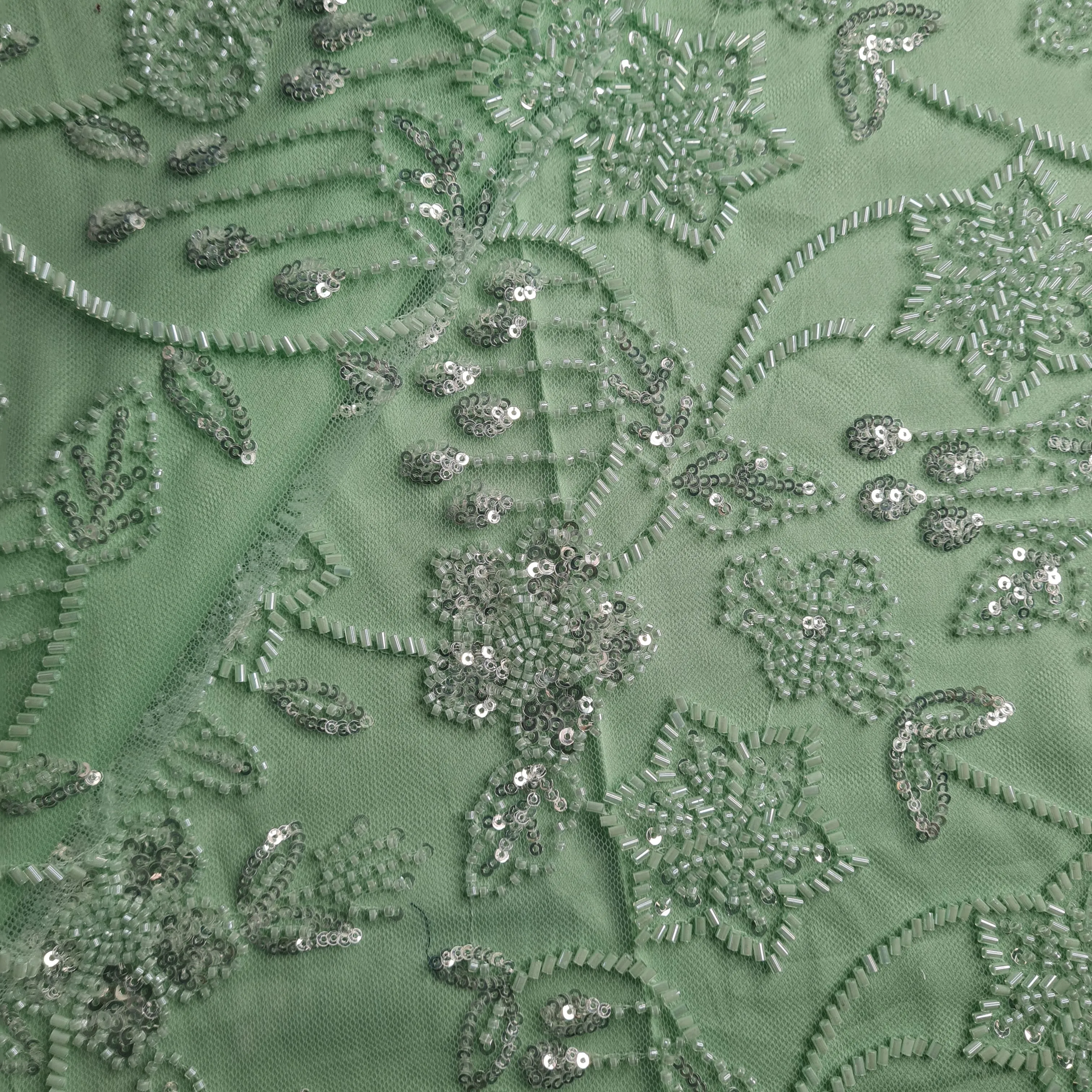 Premium Net Mint Green Floral CutDana Sequins Embroidery Fabric