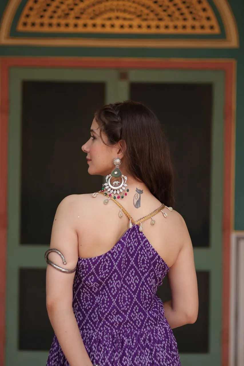 Purple Bandhani Print Sleeveless Gown with Kutchi Patchwork