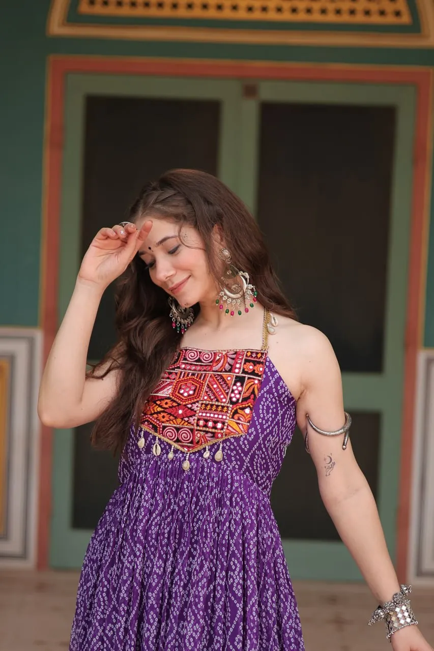 Purple Bandhani Print Sleeveless Gown with Kutchi Patchwork