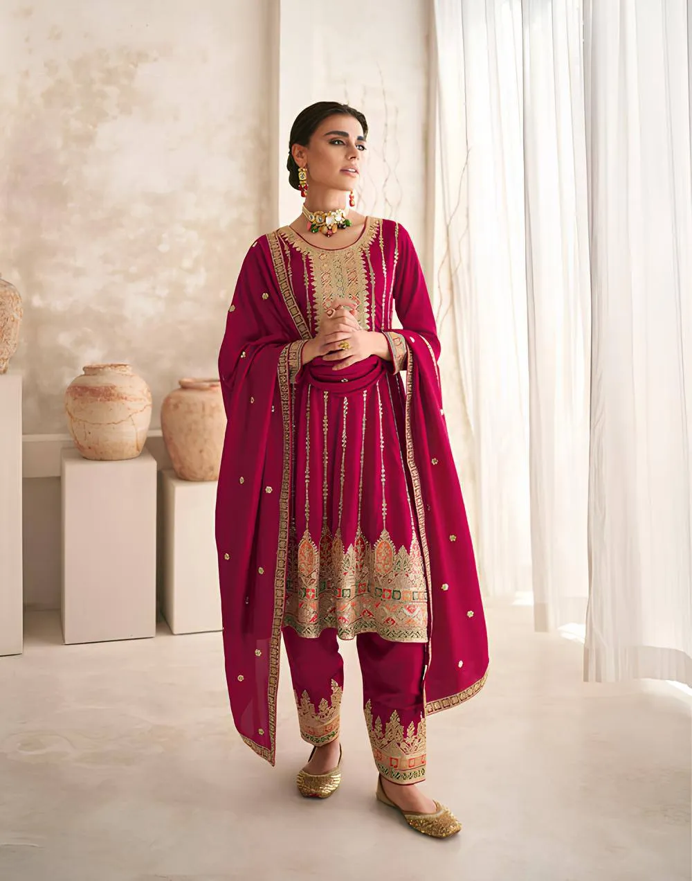 Rani Pink Vichitra Embroidered Salwar Suit with Dupatta