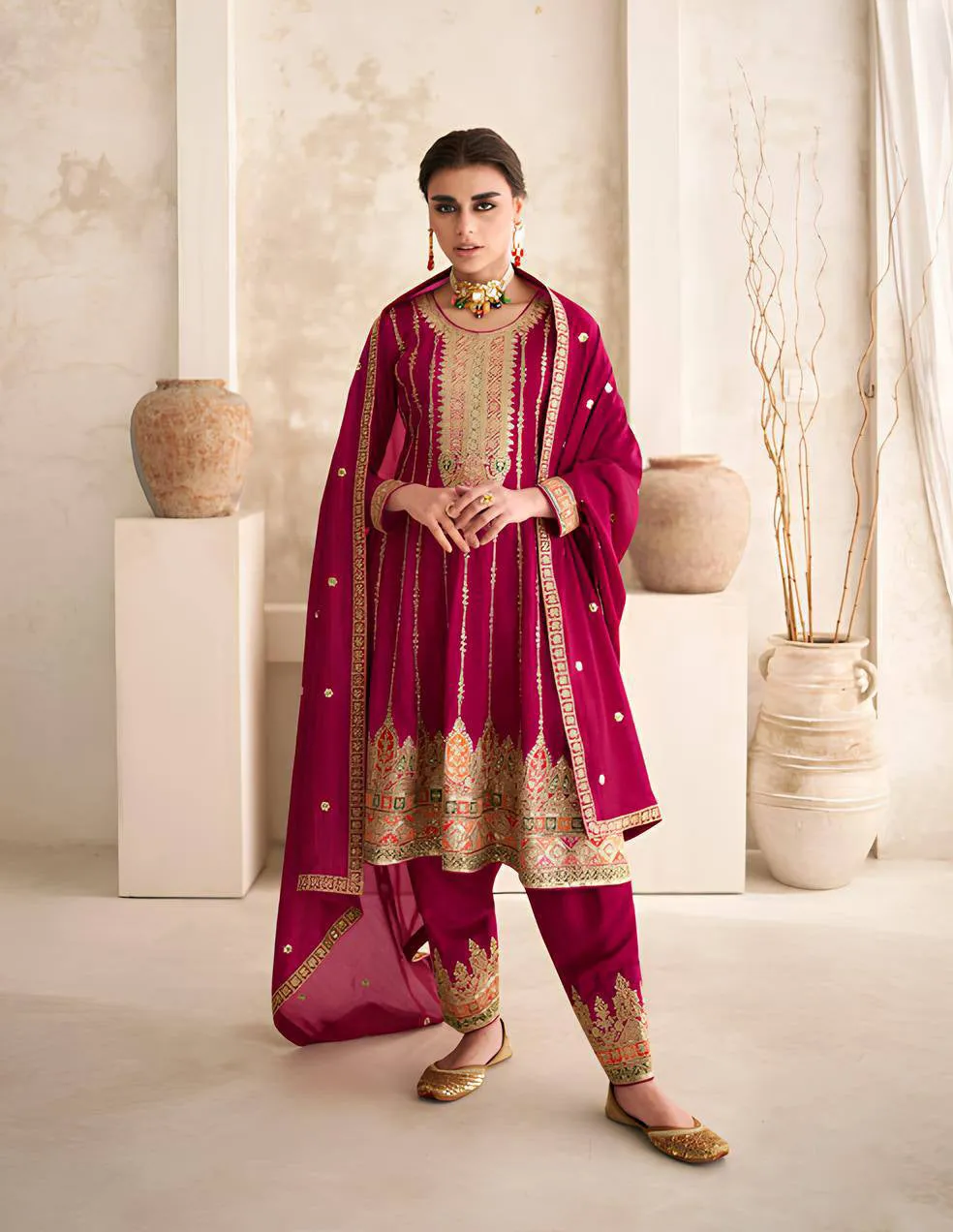 Rani Pink Vichitra Embroidered Salwar Suit with Dupatta