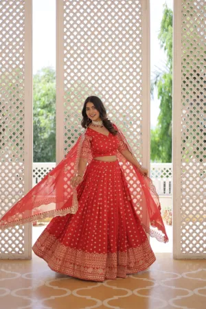 Red Enchanting Dayble Viscose Jacquard Lehenga Set with Double Zari Work