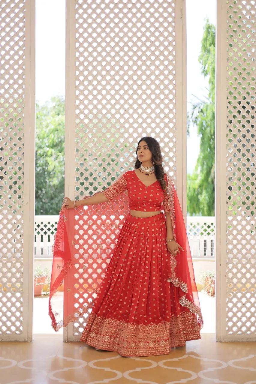 Red Enchanting Dayble Viscose Jacquard Lehenga Set with Double Zari Work